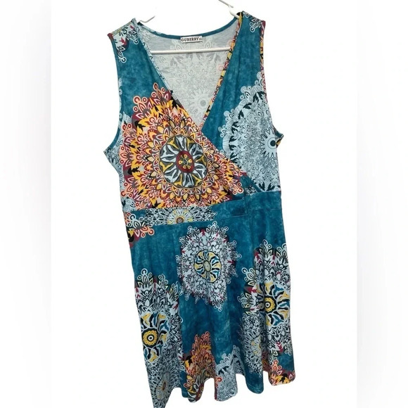 Guberry turquoise and orange patterned vneck dress NWOT - Picture 1 of 6